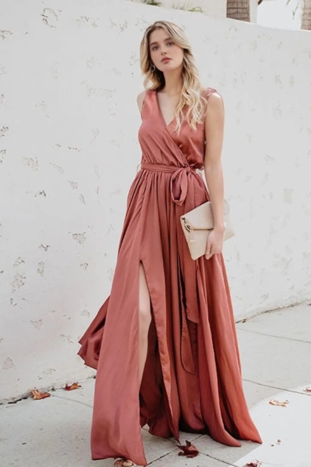 Surplice tie waist maxi dress full length view