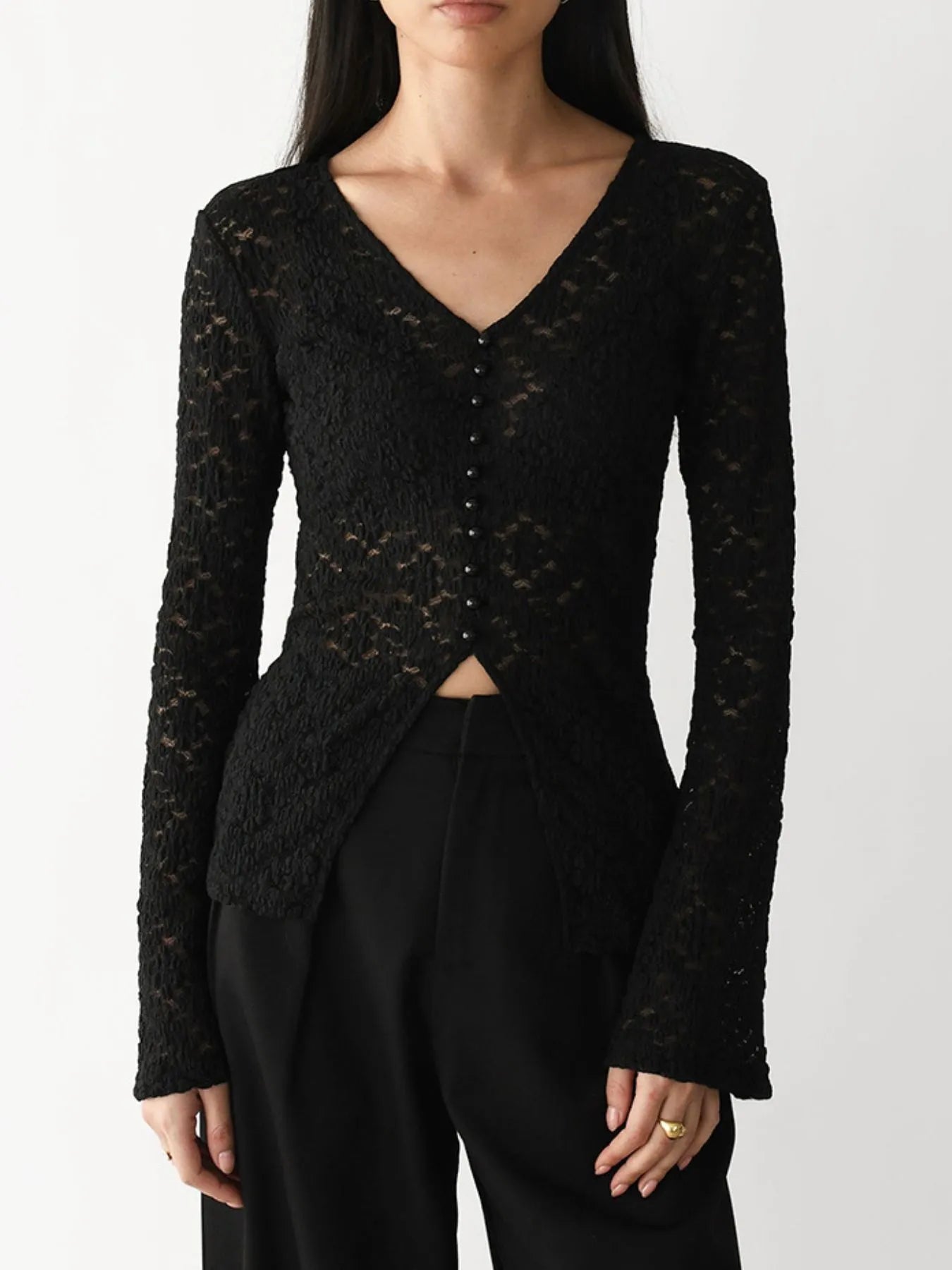 Lace V-Neck Flare Sleeve T-Shirt Black - Fashorio
