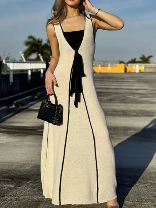 Contrast Trim Sleeveless Maxi Knit Dress Ivory - Fashorio