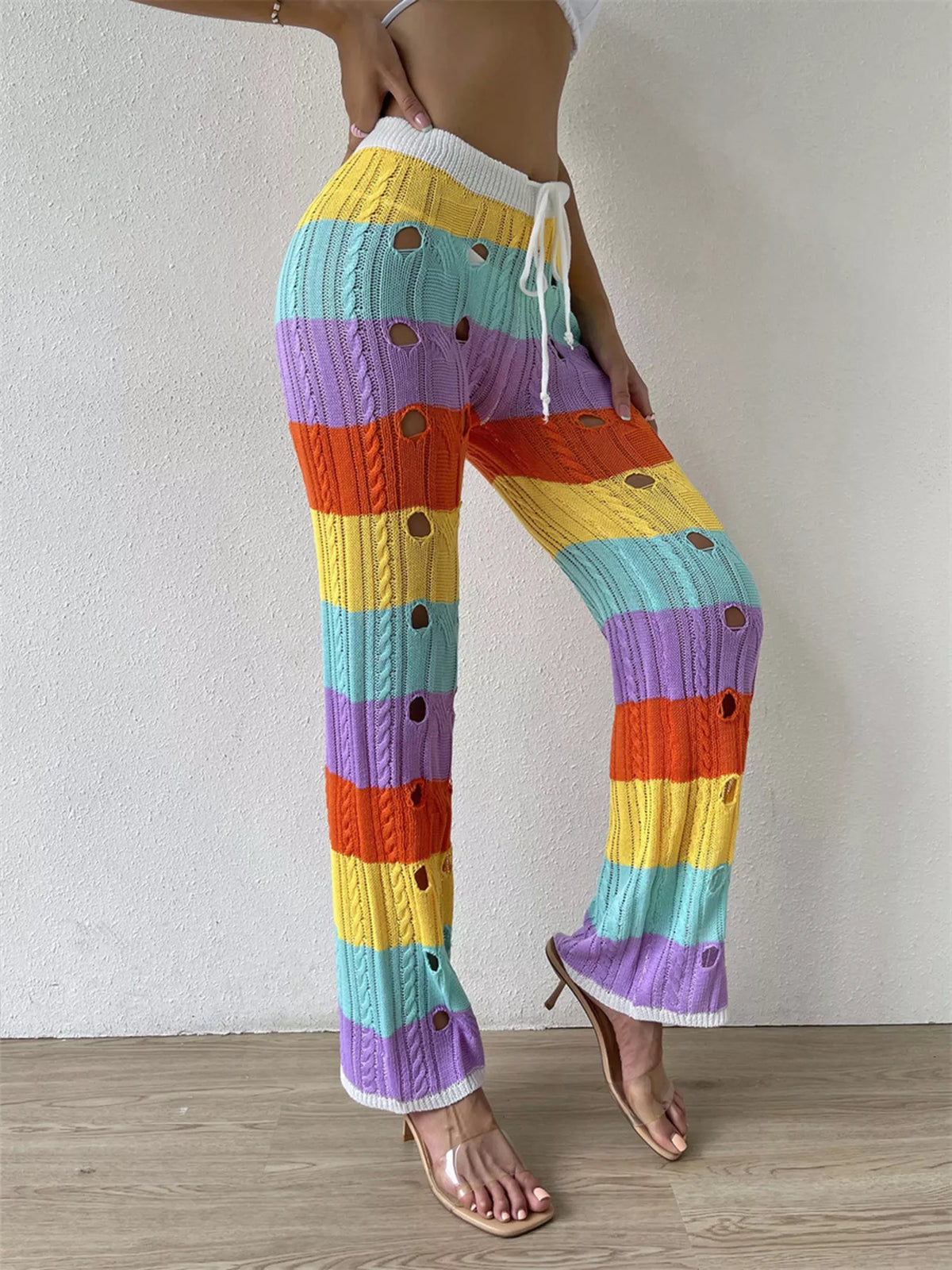 Striped crochet knit drawstring pants styled look