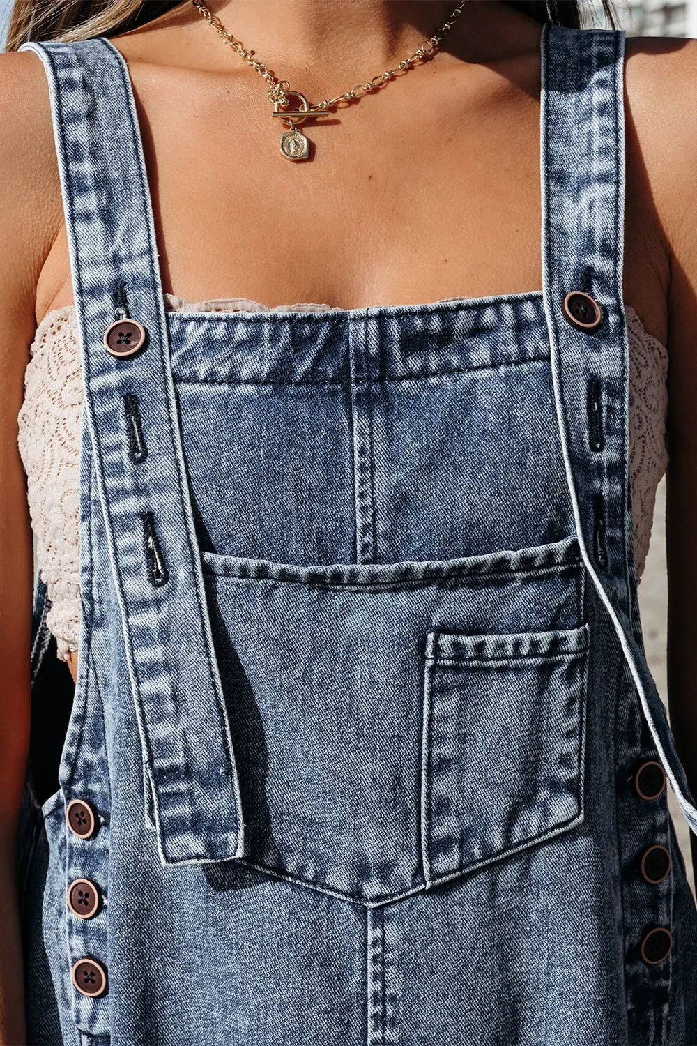 Distressed Bib Pocket Wide Leg Denim Overalls - Fashorio