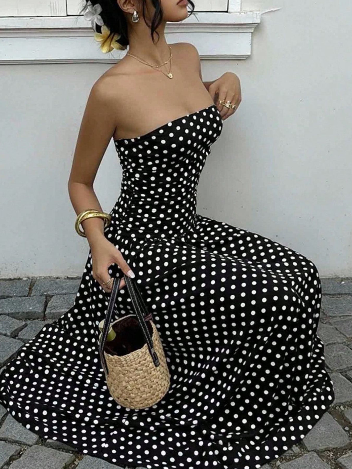 Polka dot ruched dress close up