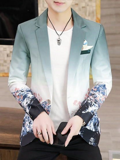 Men's Plus Size Printed One Button Long Sleeve Blazer Cyan - Fashorio