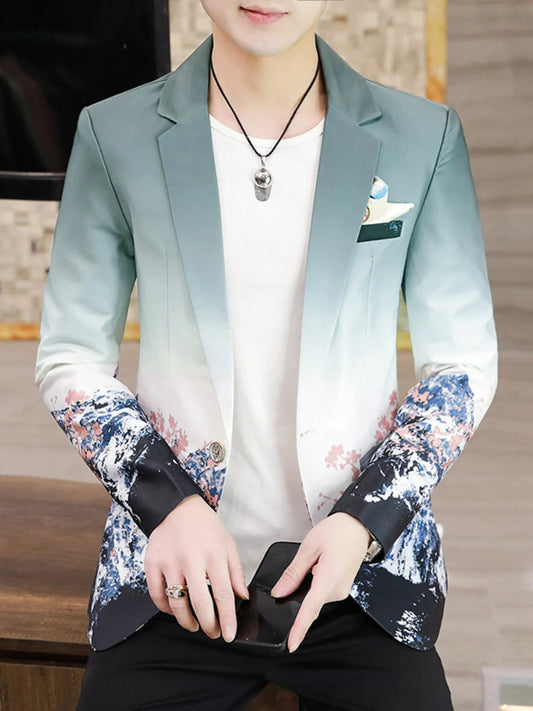 Men's Plus Size Printed One Button Long Sleeve Blazer Cyan - Fashorio