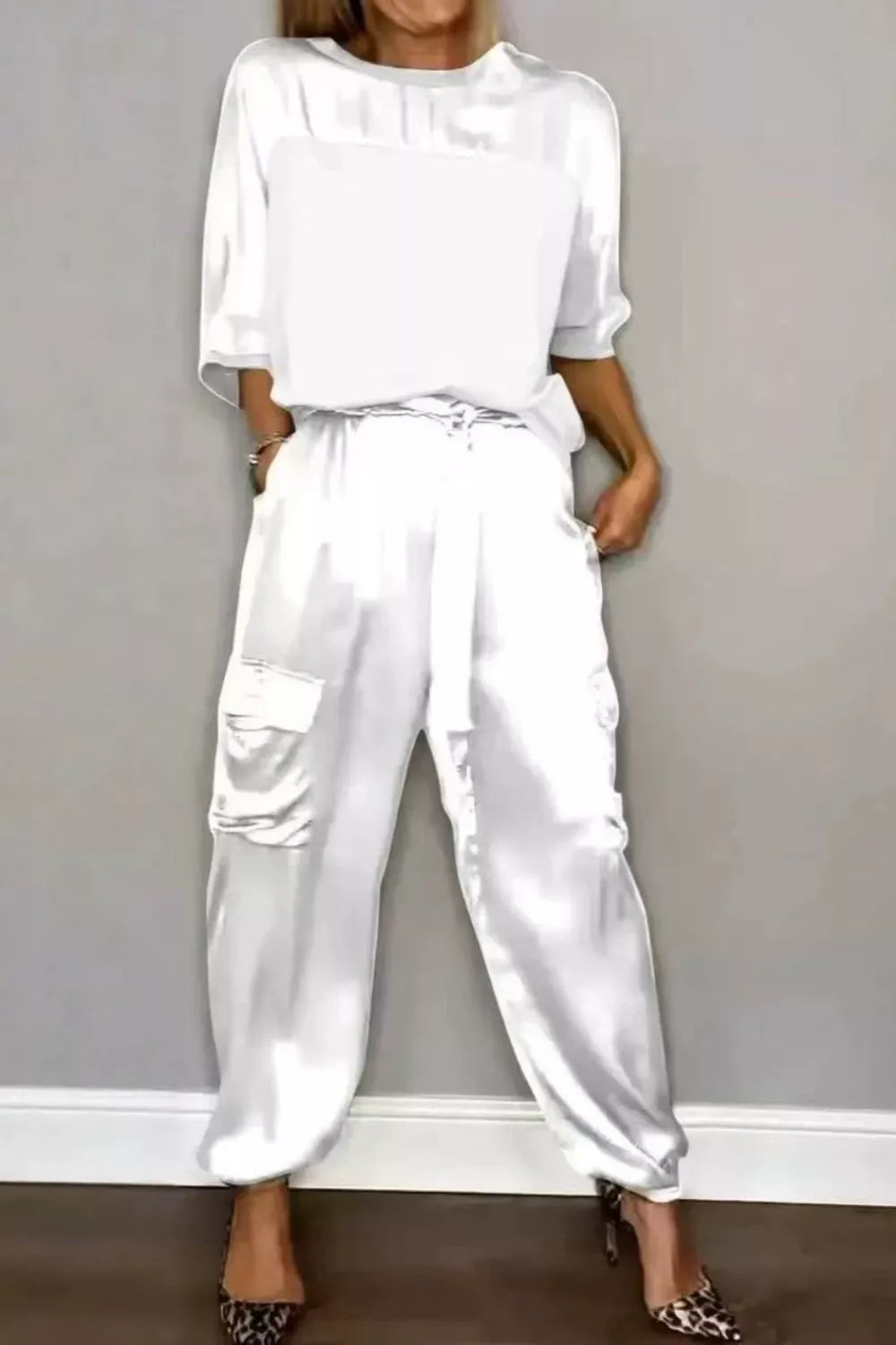 Satin pants side view