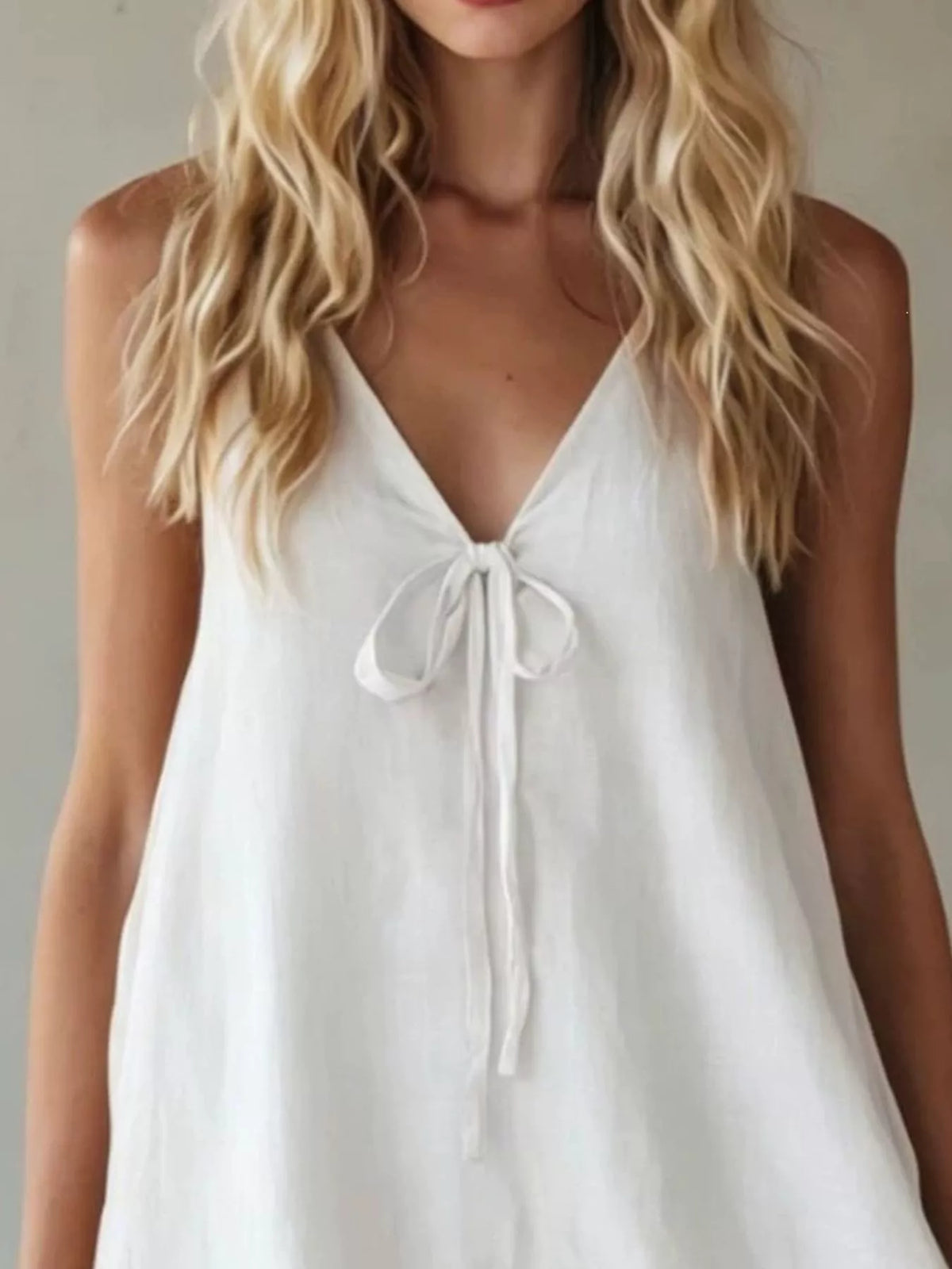 V neck tie front ruffle hem mini dress front view