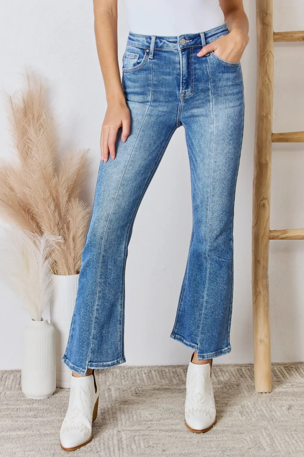 RISEN high rise ankle flare jeans front view