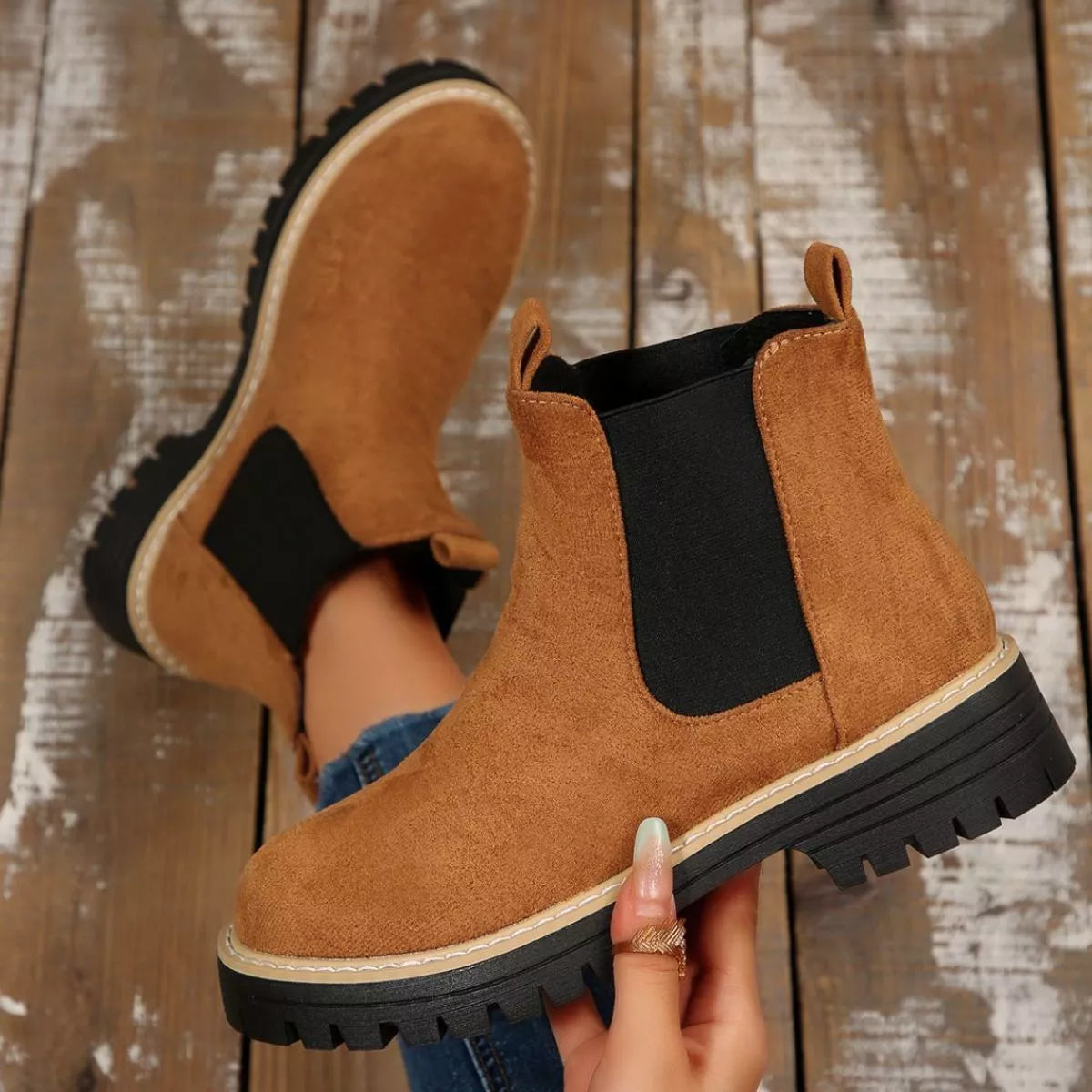 Round Toe Block Heel Boots close up of the upper
