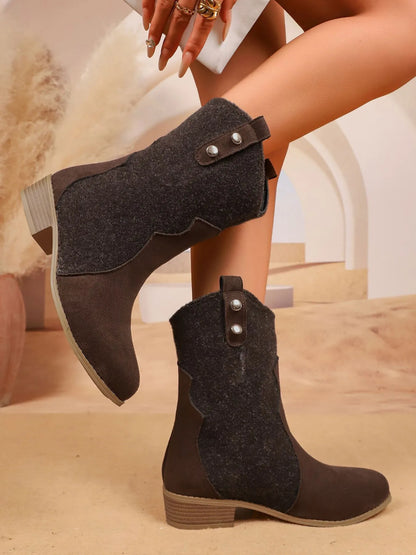 Mid-Calf Western Boots with Block Heels Coffee Brown - Fashorio