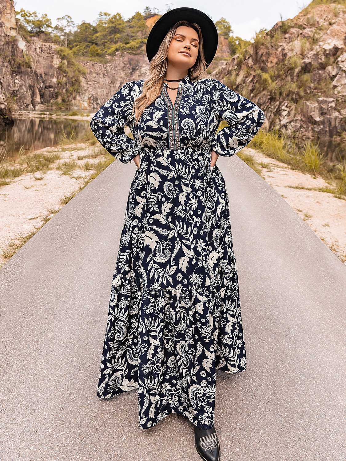 Dark navy plus size long sleeve maxi dress back view