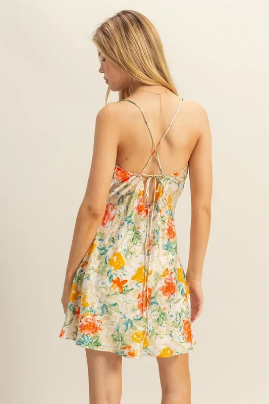 Floral Cowl Neck Flirty Satin Mini Dress styled look