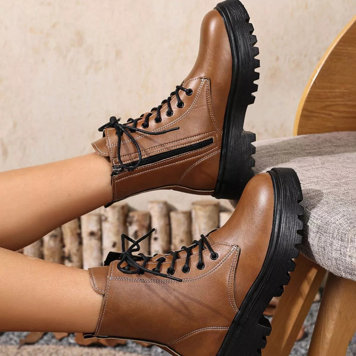 Brown round toe block heels boots back heel view
