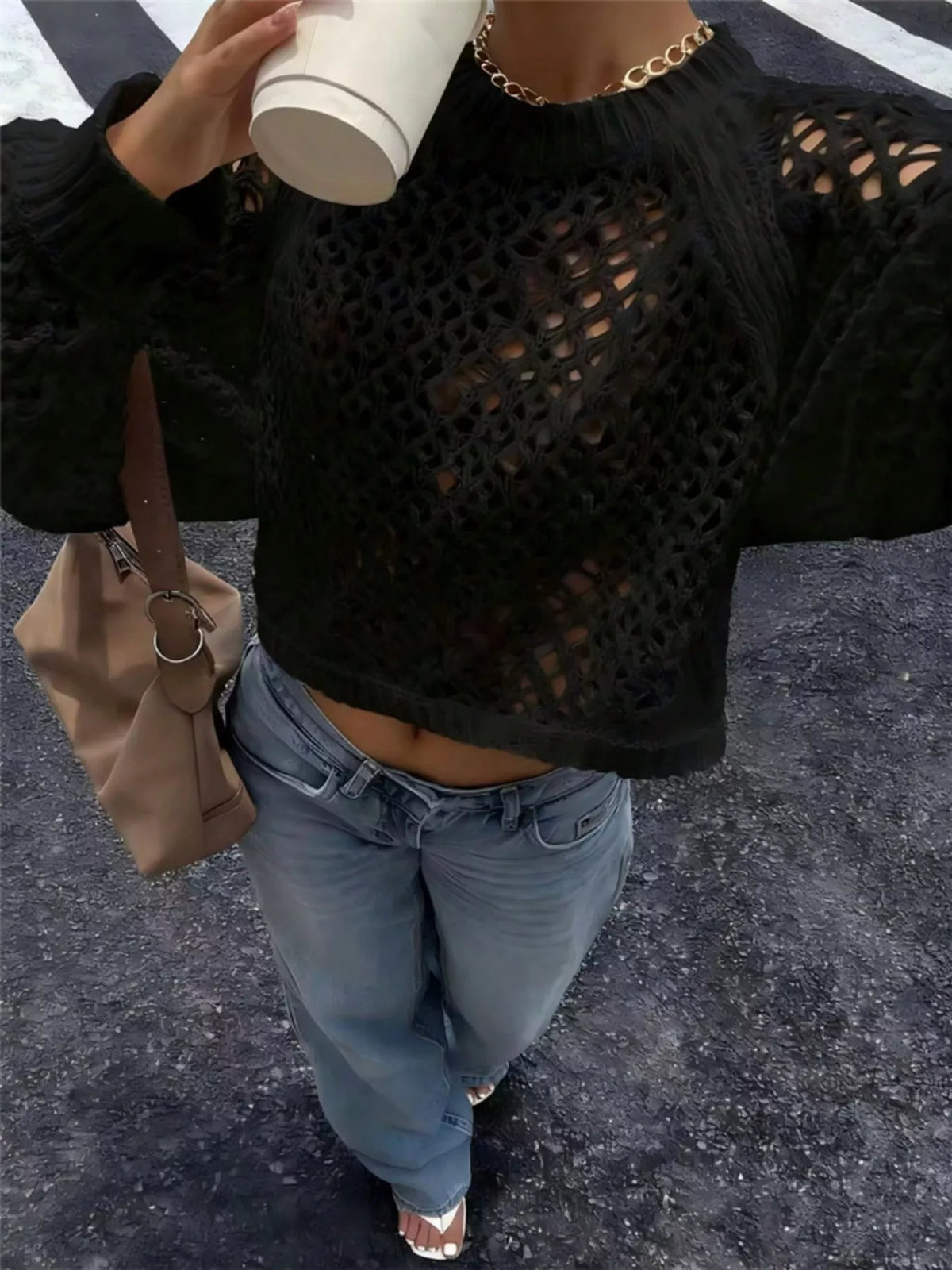 Crochet Openwork Backless Raglan Sleeve Sweater close up