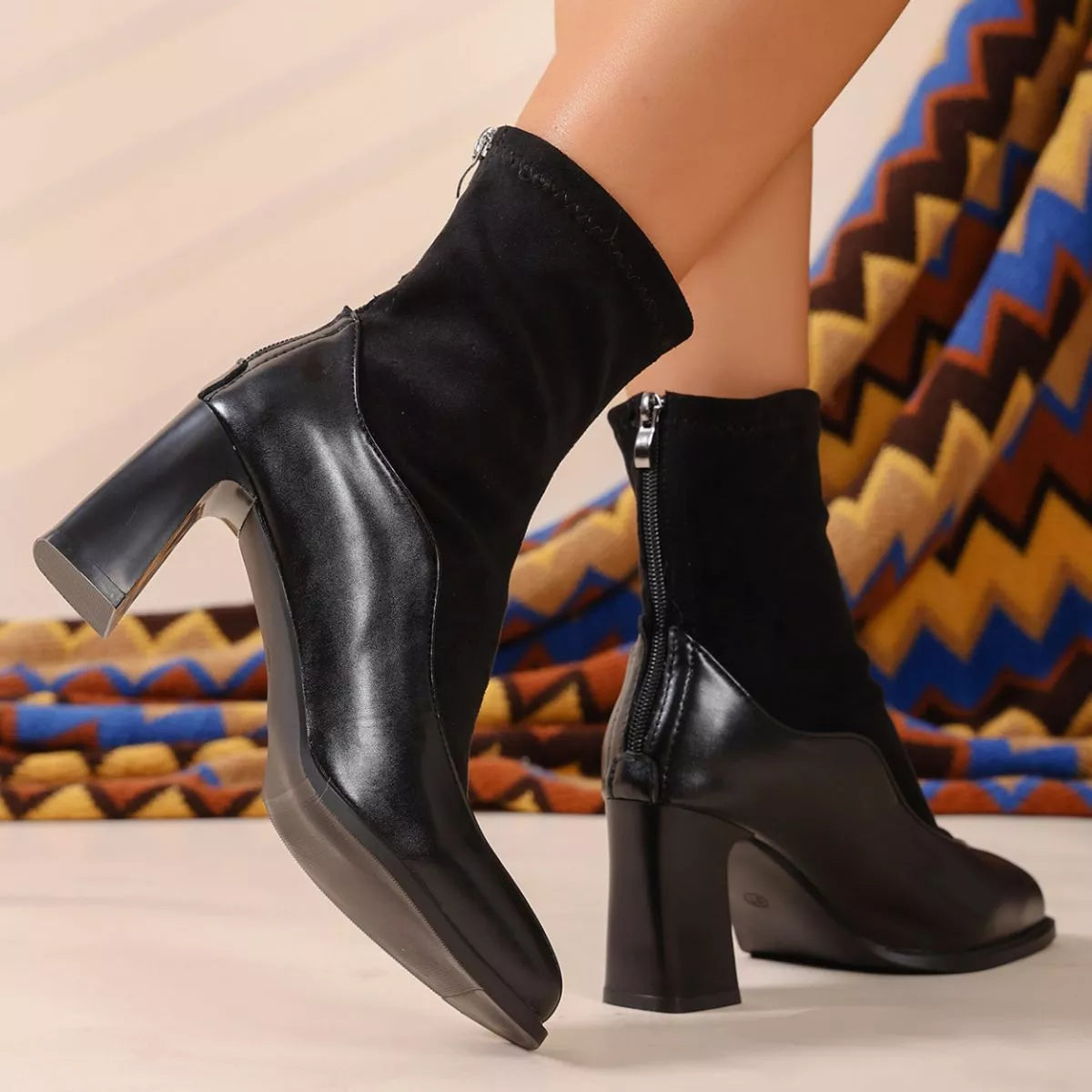 Square toe block heel boots front view