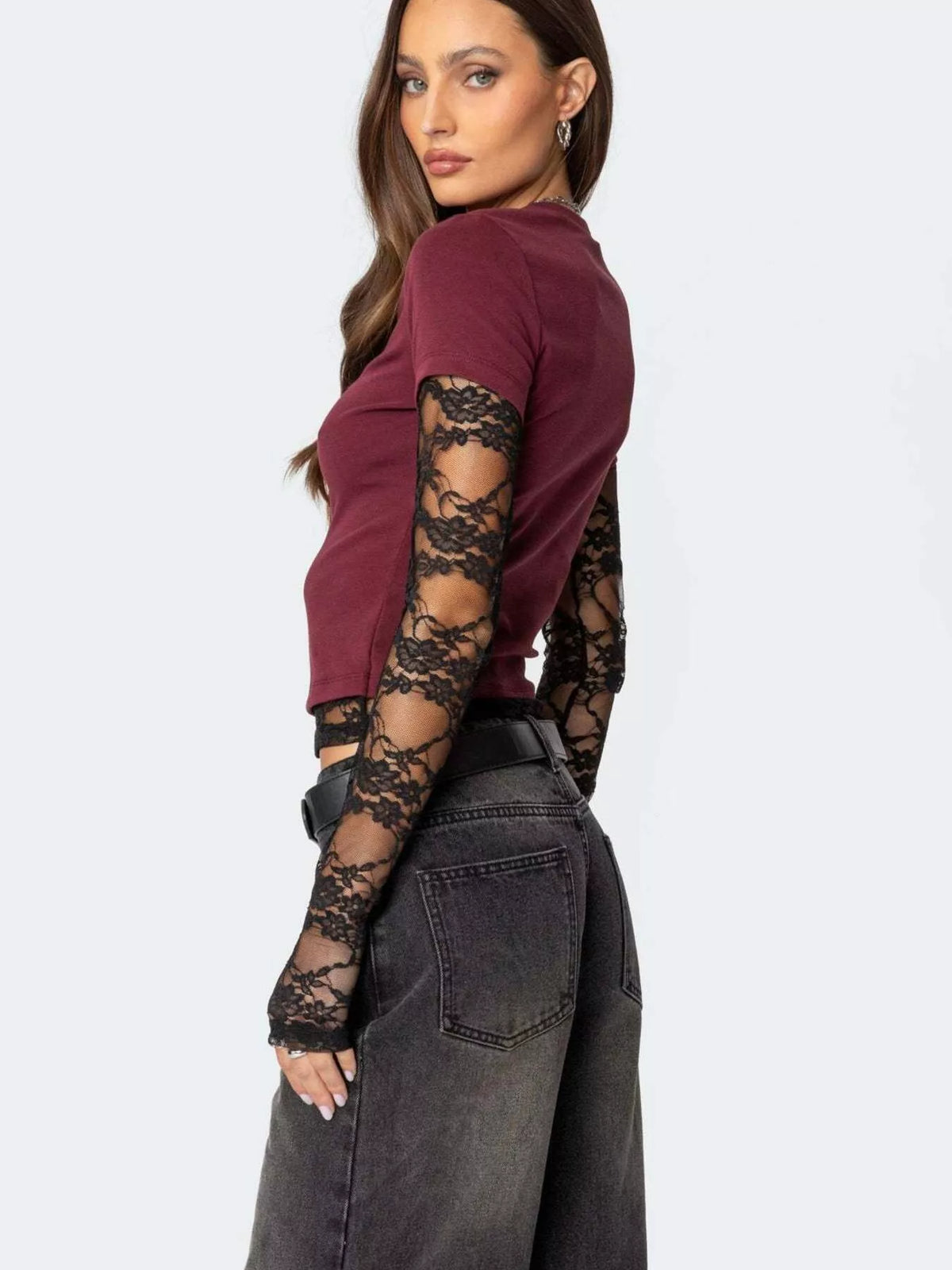 Cropped tee with sheer lace long sleeves side view