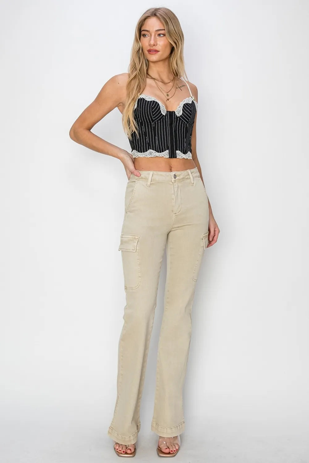 RISEN Full Size High Rise Side Slit Cargo Bootcut Jeans - Fashorio