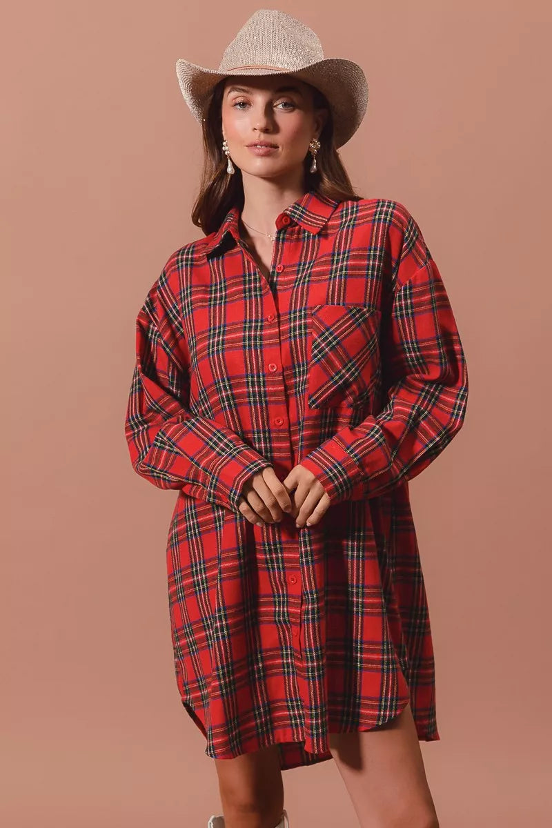 Checker Plaid Button Up Shirt Dress in Red view 7
