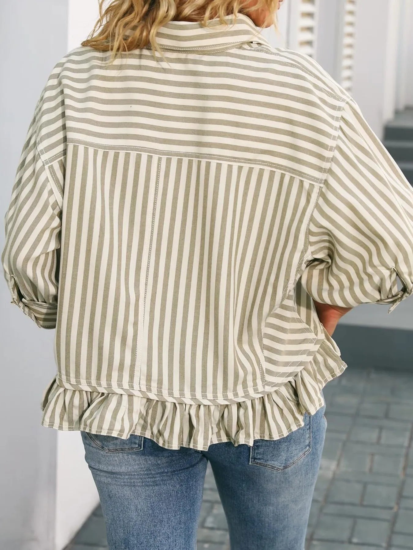 Striped Ruffle Hem Button-Up Shirt - Fashorio