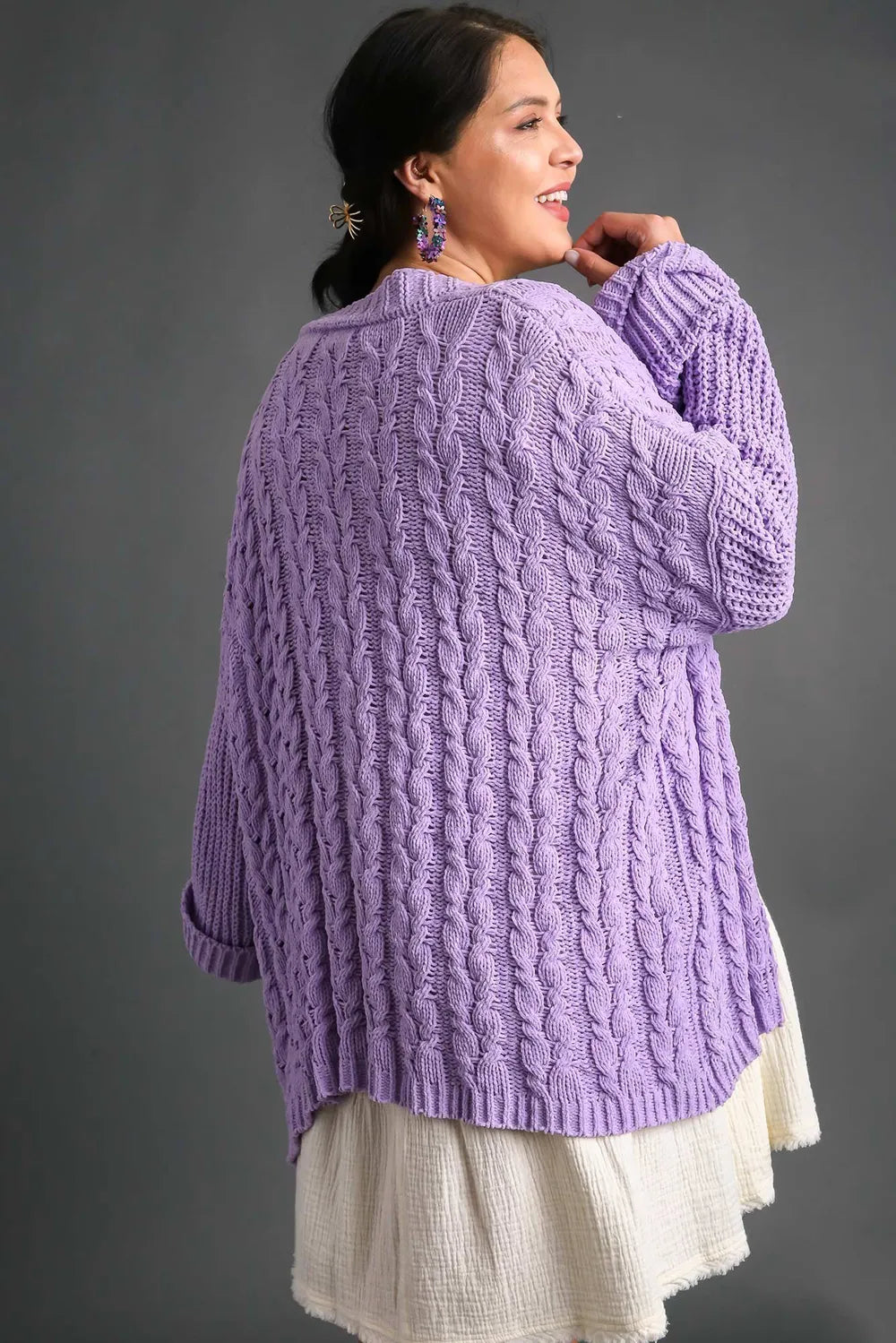 Umgee Full Size Cable Knit Open Front Long Sleeve Cardigan - Fashorio