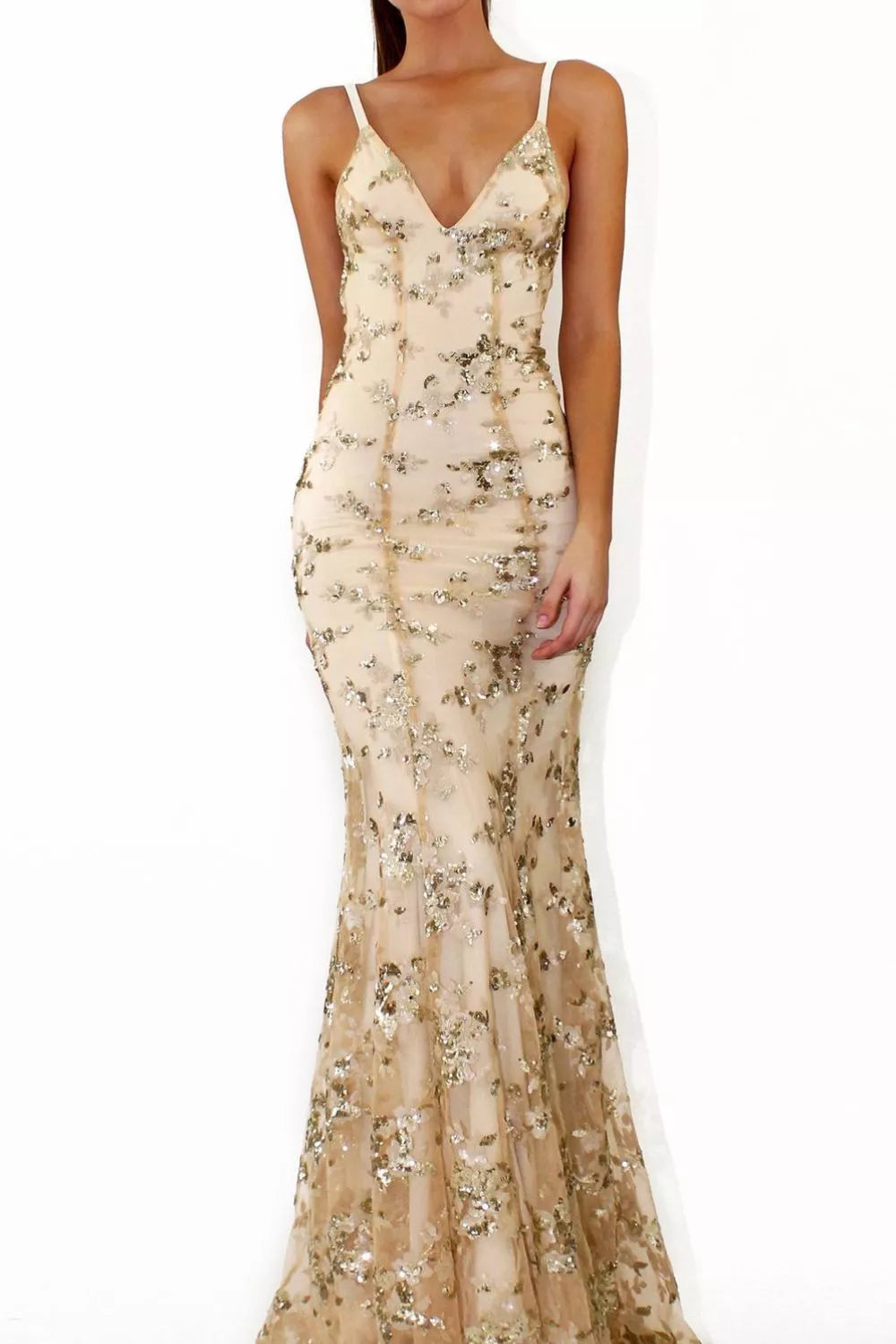 Sequin Tie Back V Neck Maxi Dress full length view