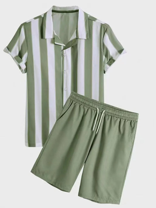 Men's Full Size Striped Casual Shirt and Shorts Set Plus Size Green - Fashorio