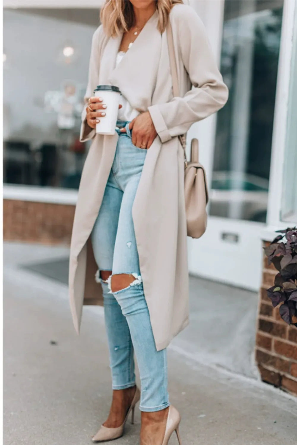 Open Front Long Sleeve Trench Coat - Fashorio