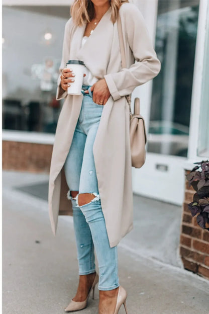 Open Front Long Sleeve Trench Coat - Fashorio