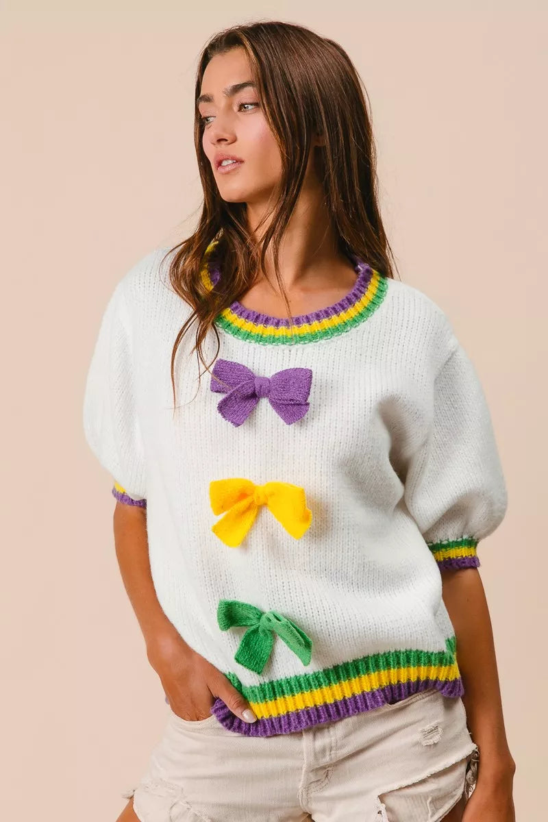 Puff Sleeve Ribbon Bow Sweater in Ivory styled look