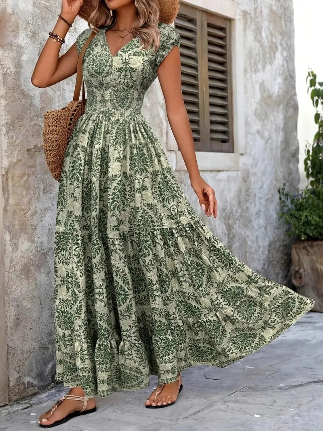 Vintage floral cap sleeve maxi dress three quarter view