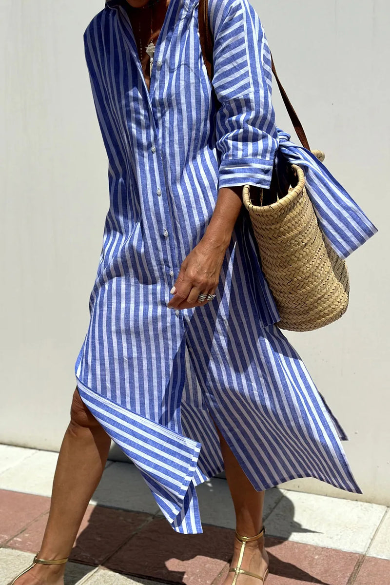 Tied button up three quarter sleeve dress front view