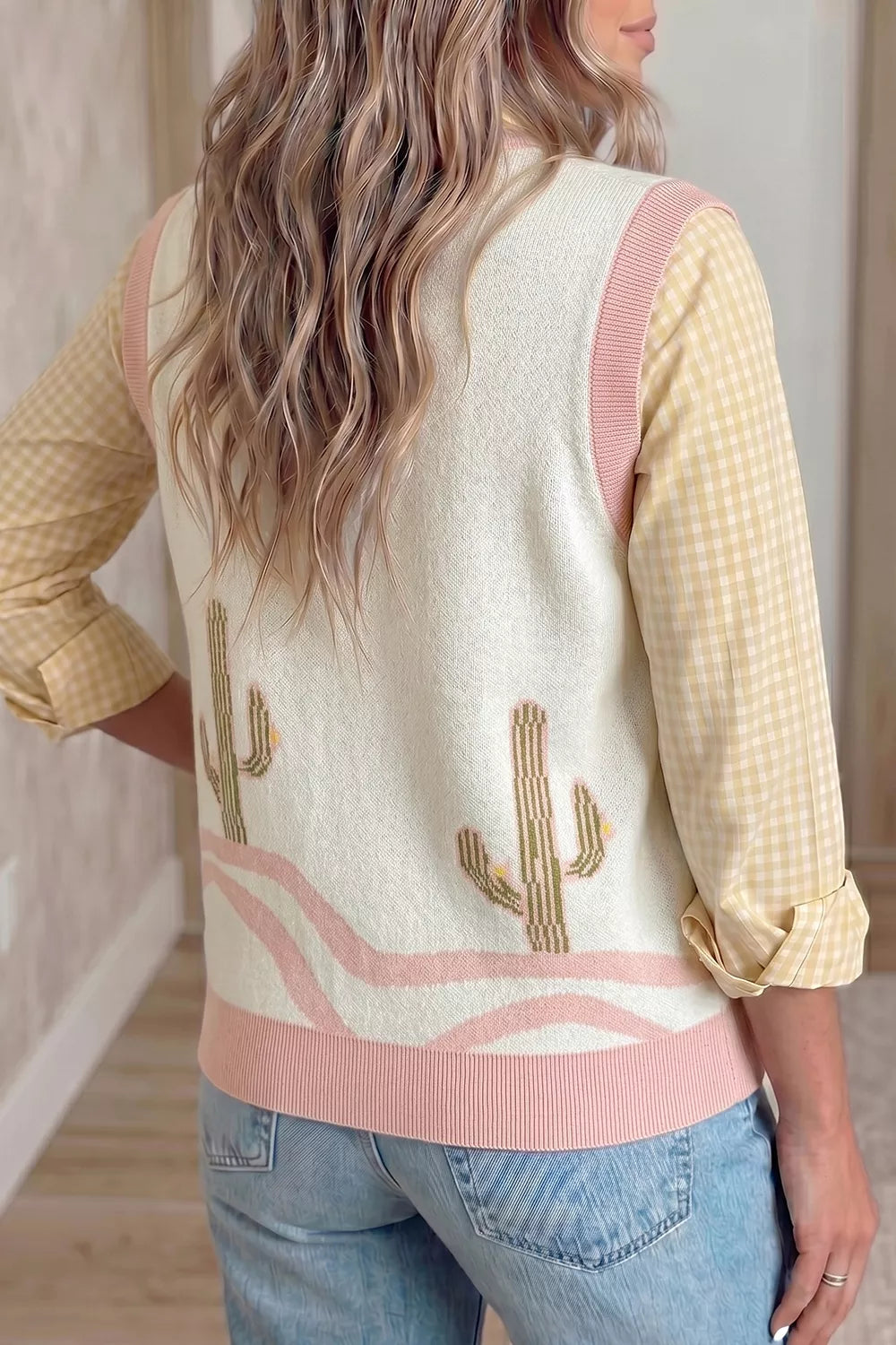 Color block trim cactus knit vest detail