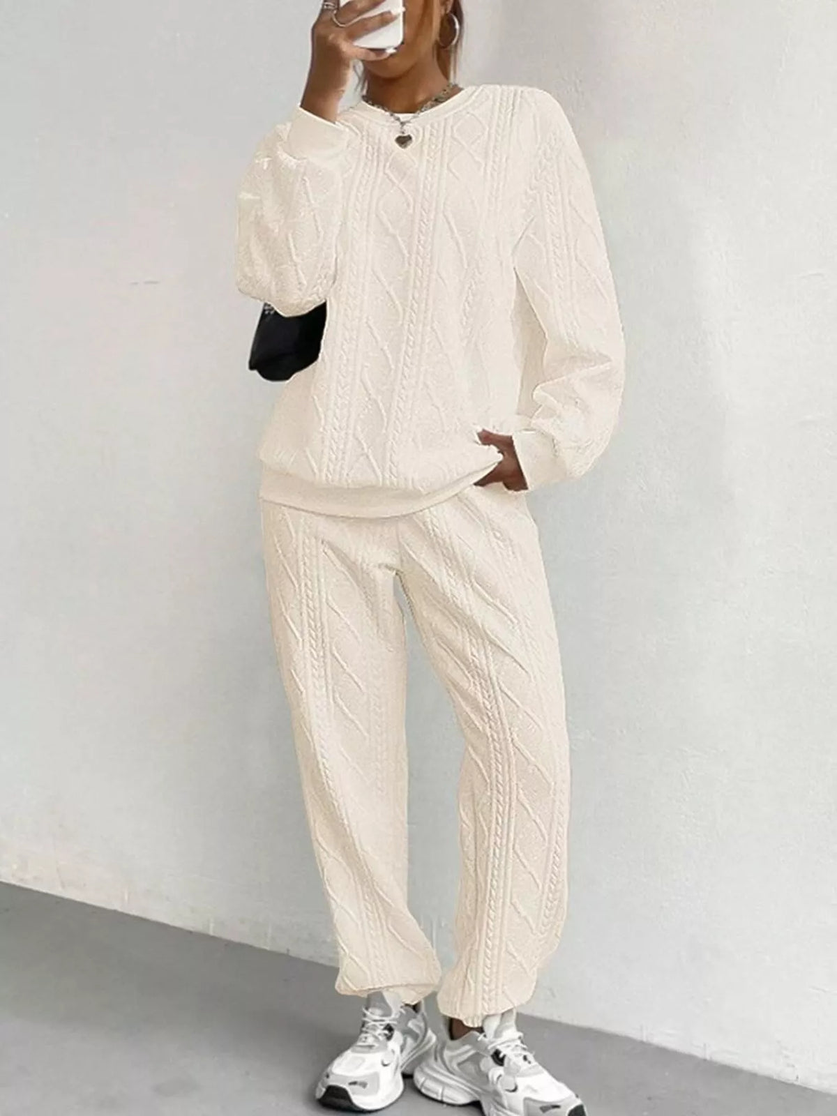 Texture Round Neck Top and Pants Set, view 14