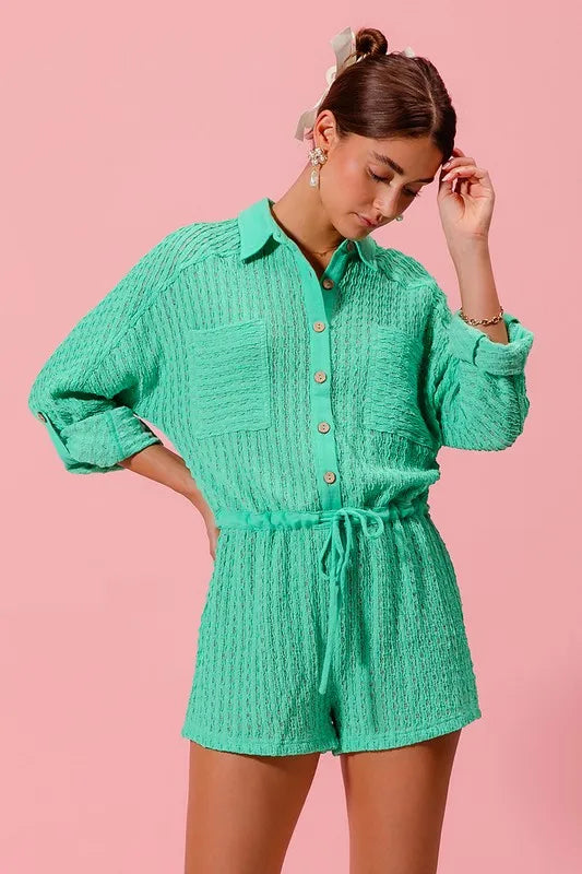 Textured Knit Button Front Romper styled look