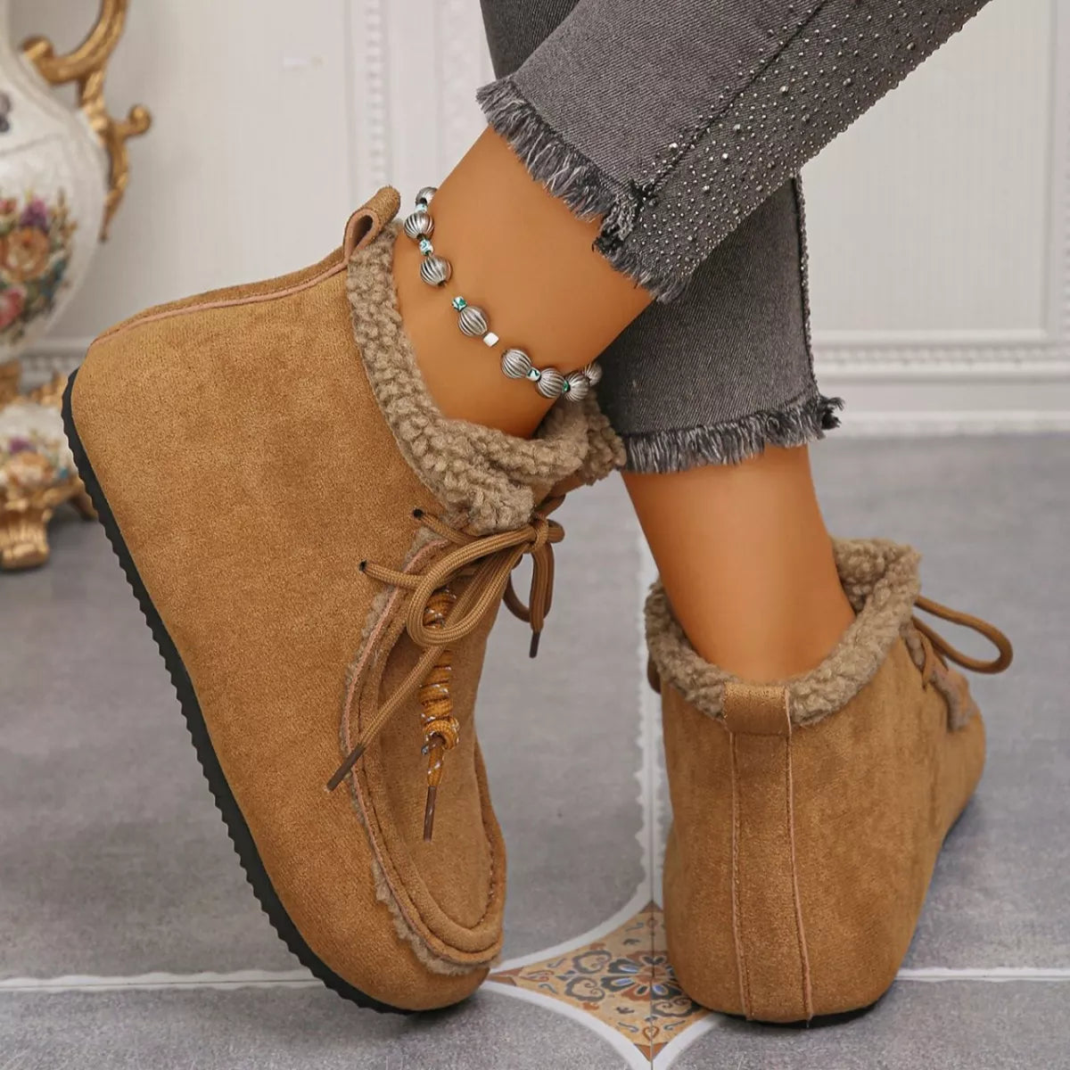 Lace up flat ankle boots heel detail