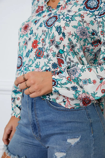 Floral Notched Long Sleeve Blouse - Fashorio