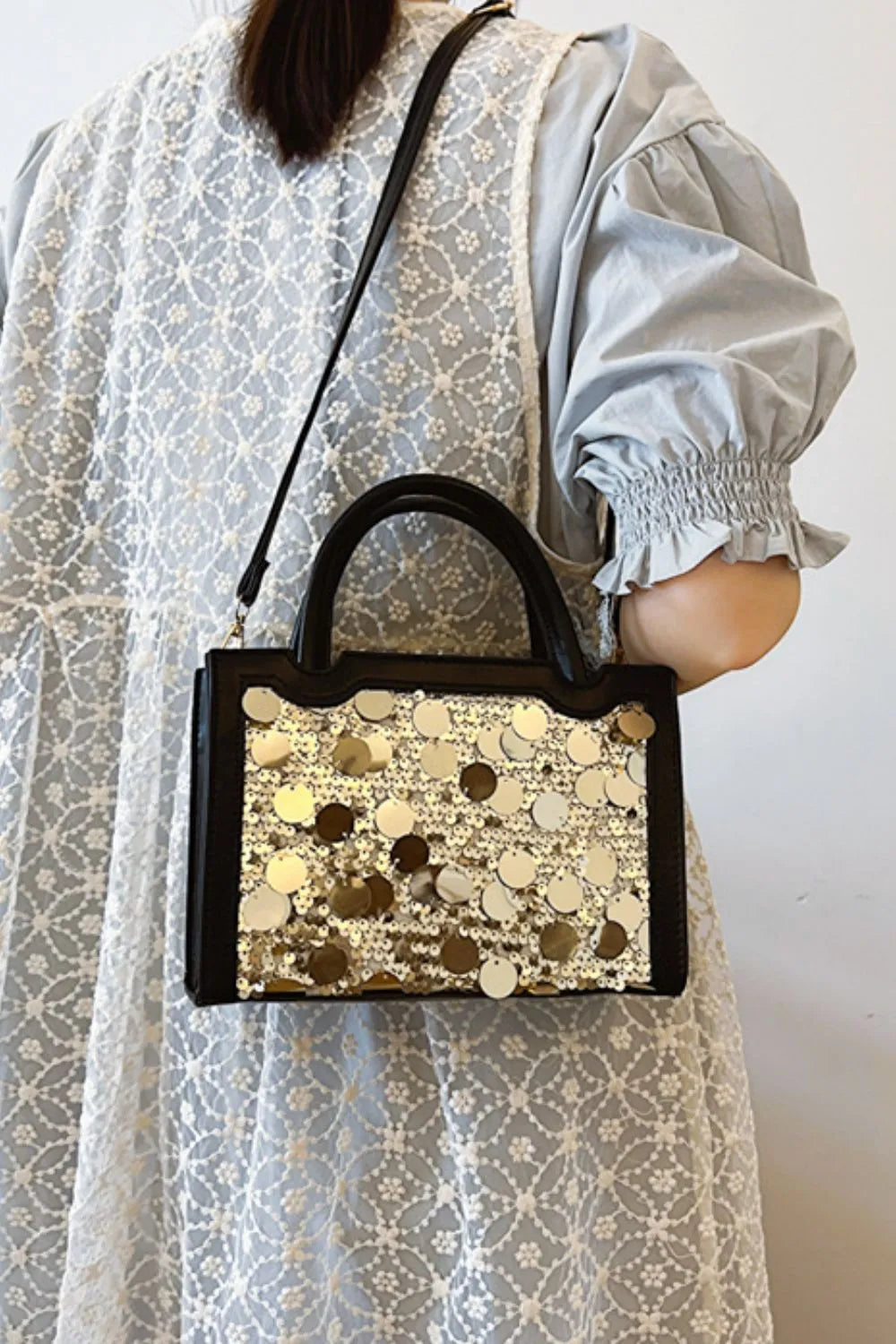 Faux Leather Sequin Handbag back view
