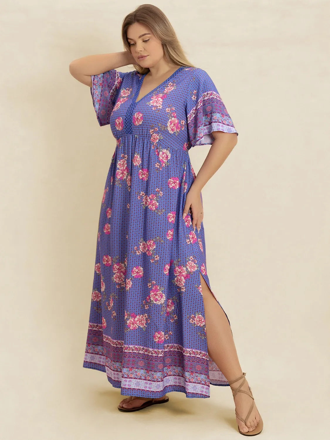 blue purple plus size printed v neck flutter sleeve dress full length view