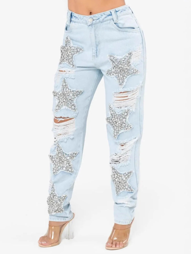 Distressed star wash boyfriend jeans front view