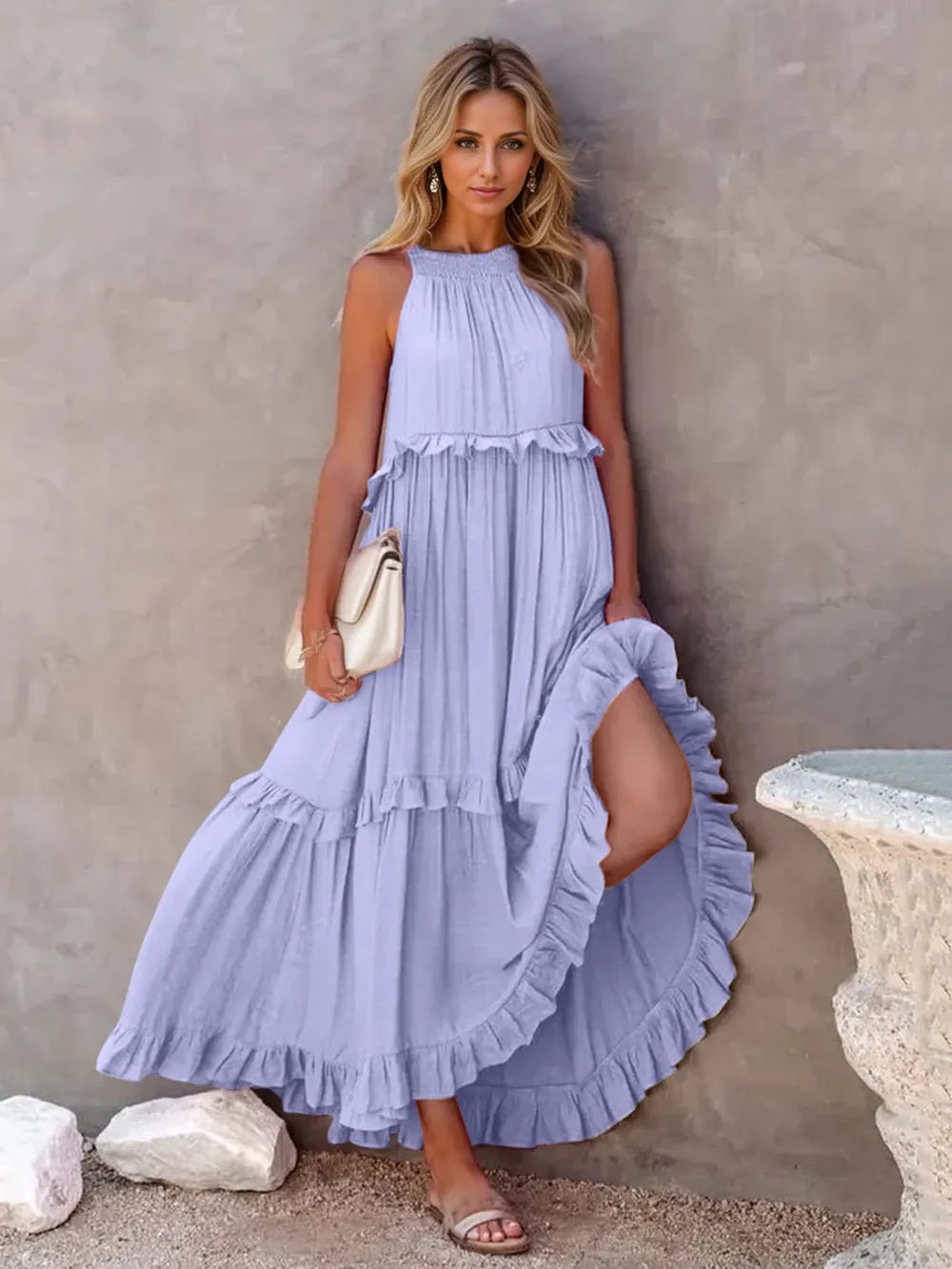 Ruffled Sleeveless Tiered Maxi Dress with Pockets - Fashorio