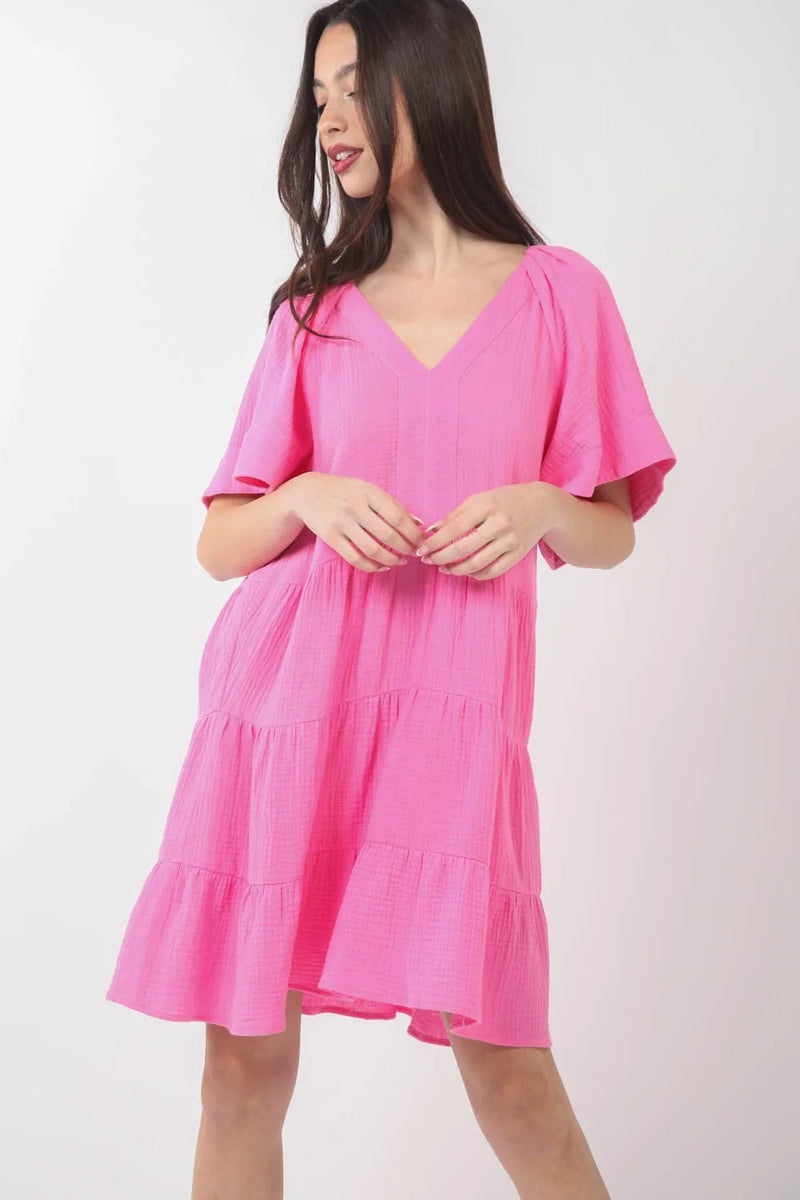 Texture V Neck Ruffled Tiered Dress