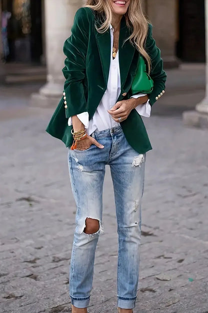 One Button Lapel Collar Long Sleeve Blazer - Fashorio