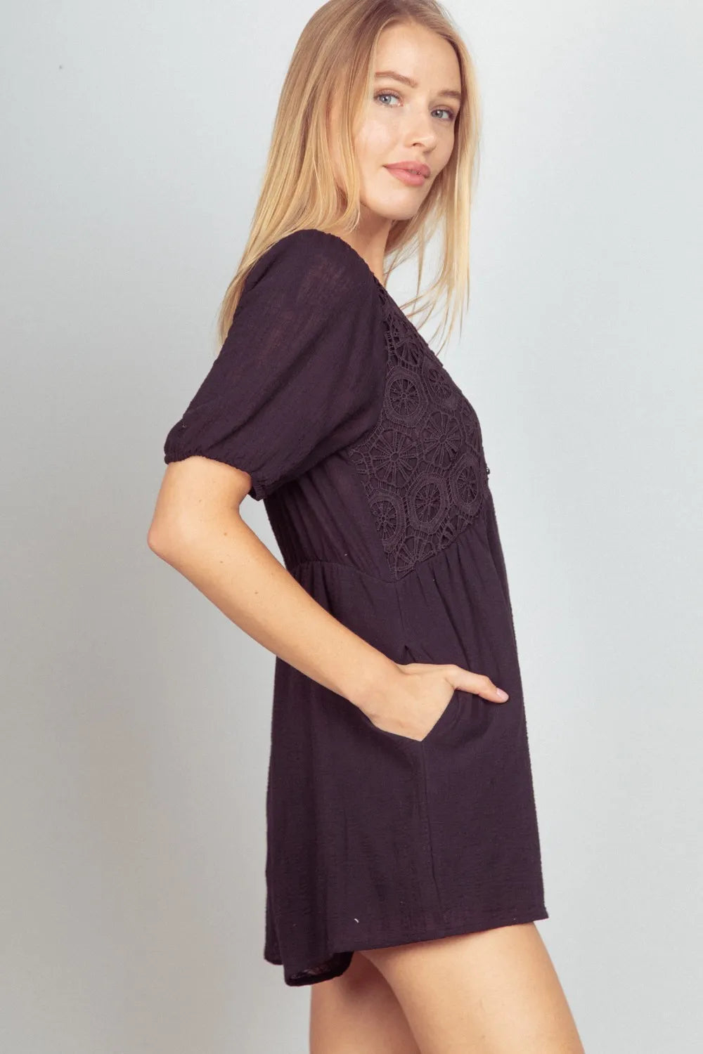 Lace Detail Puff Sleeve Romper with Pockets side view