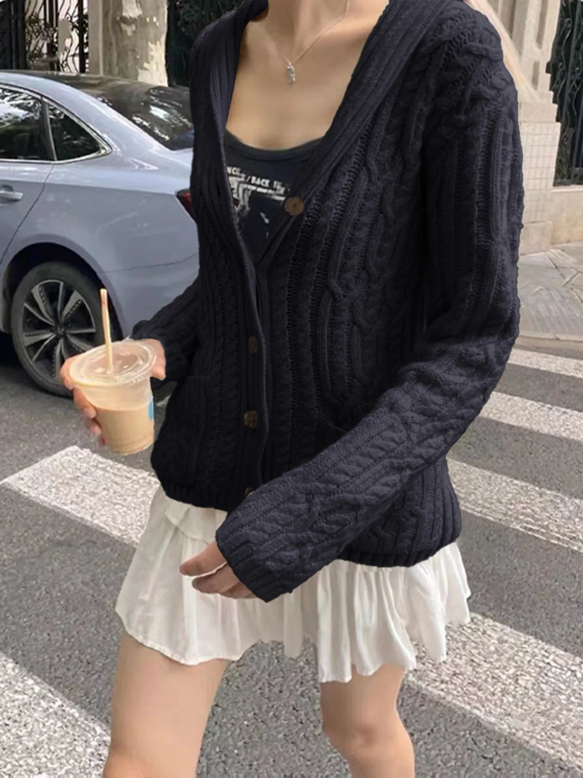 cable knit button up cardigan front view