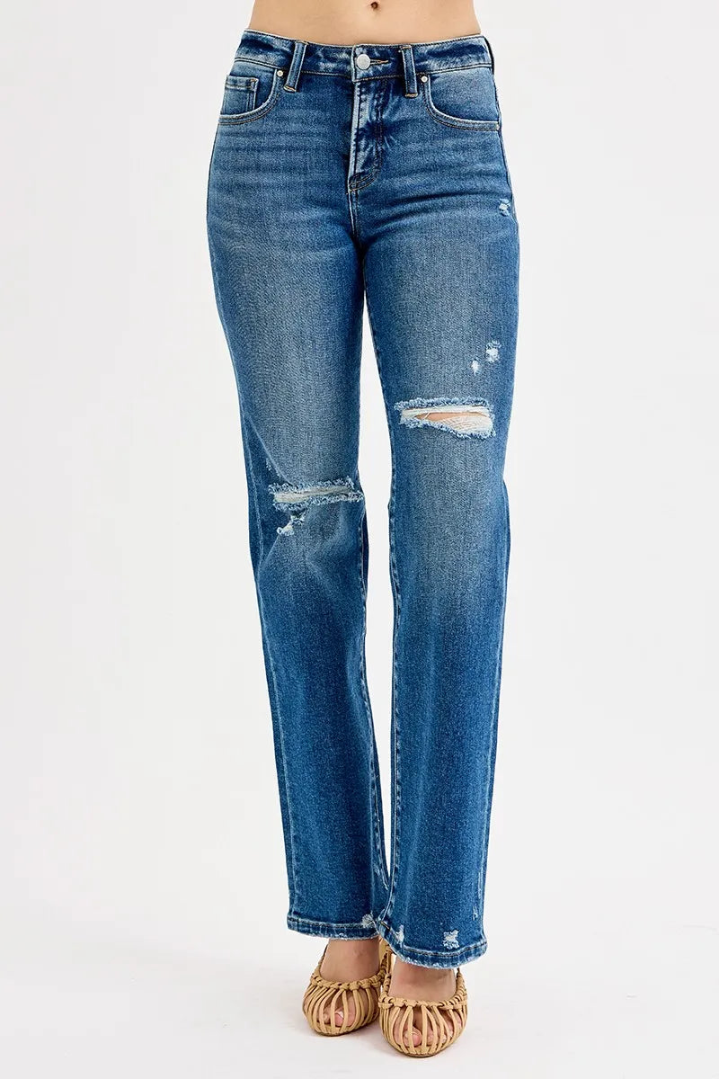RISEN Full Size Tummy Control High Rise Straight Distressed Jeans Plus Size - Fashorio
