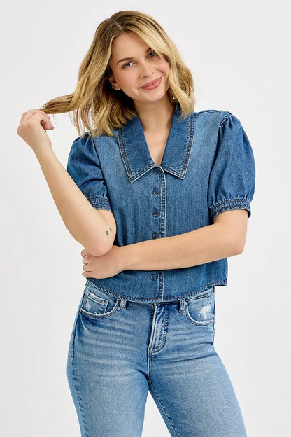 RISEN Button Down Puff Sleeve Crop Denim Shirt - Fashorio