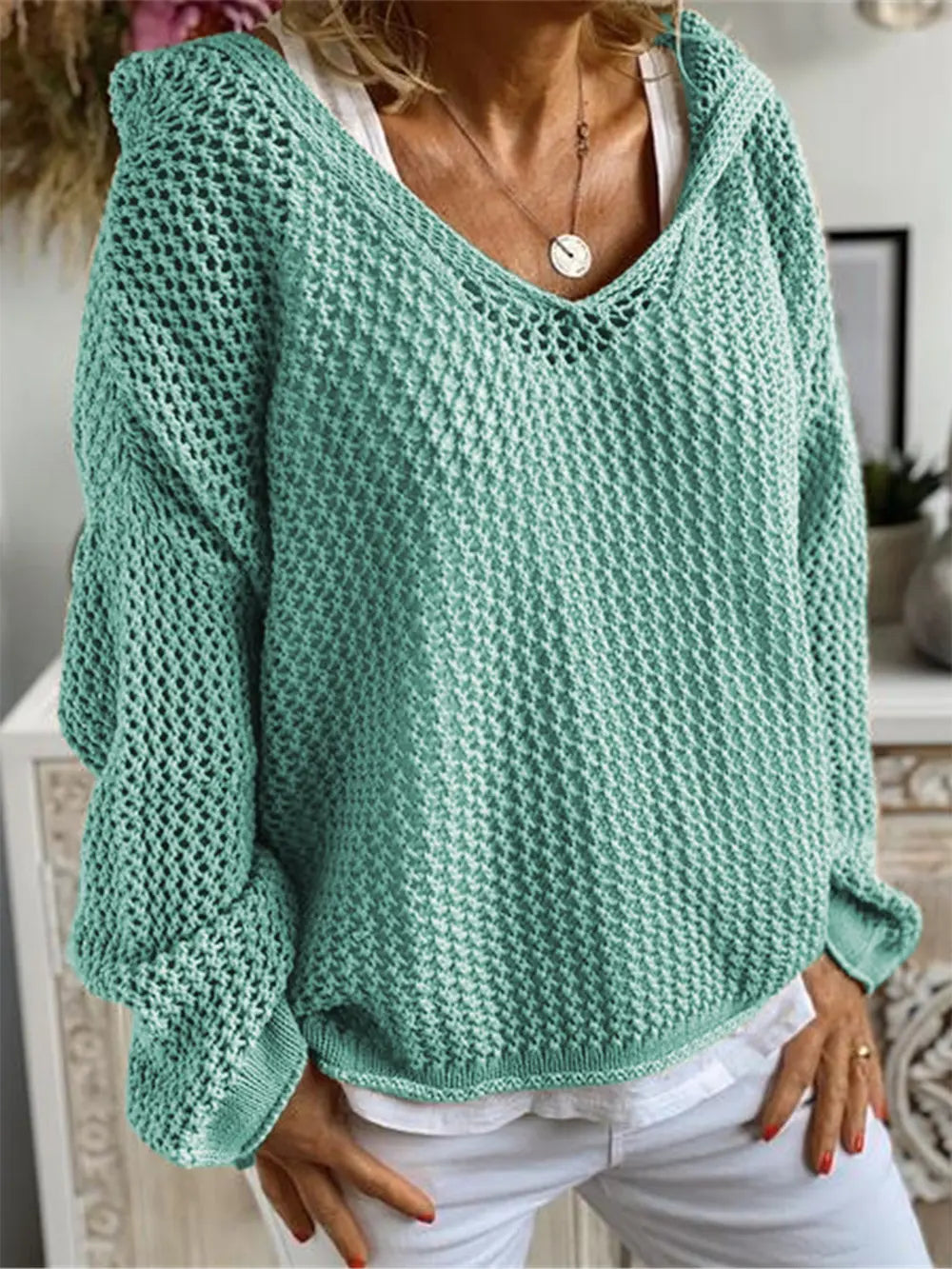 Openwork Hooded Long Sleeve Sweater Turquoise - Fashorio