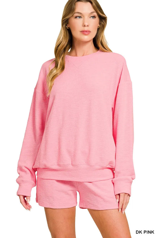Zenana Slub Long Sleeve Top and Shorts Set DK PINK - Fashorio