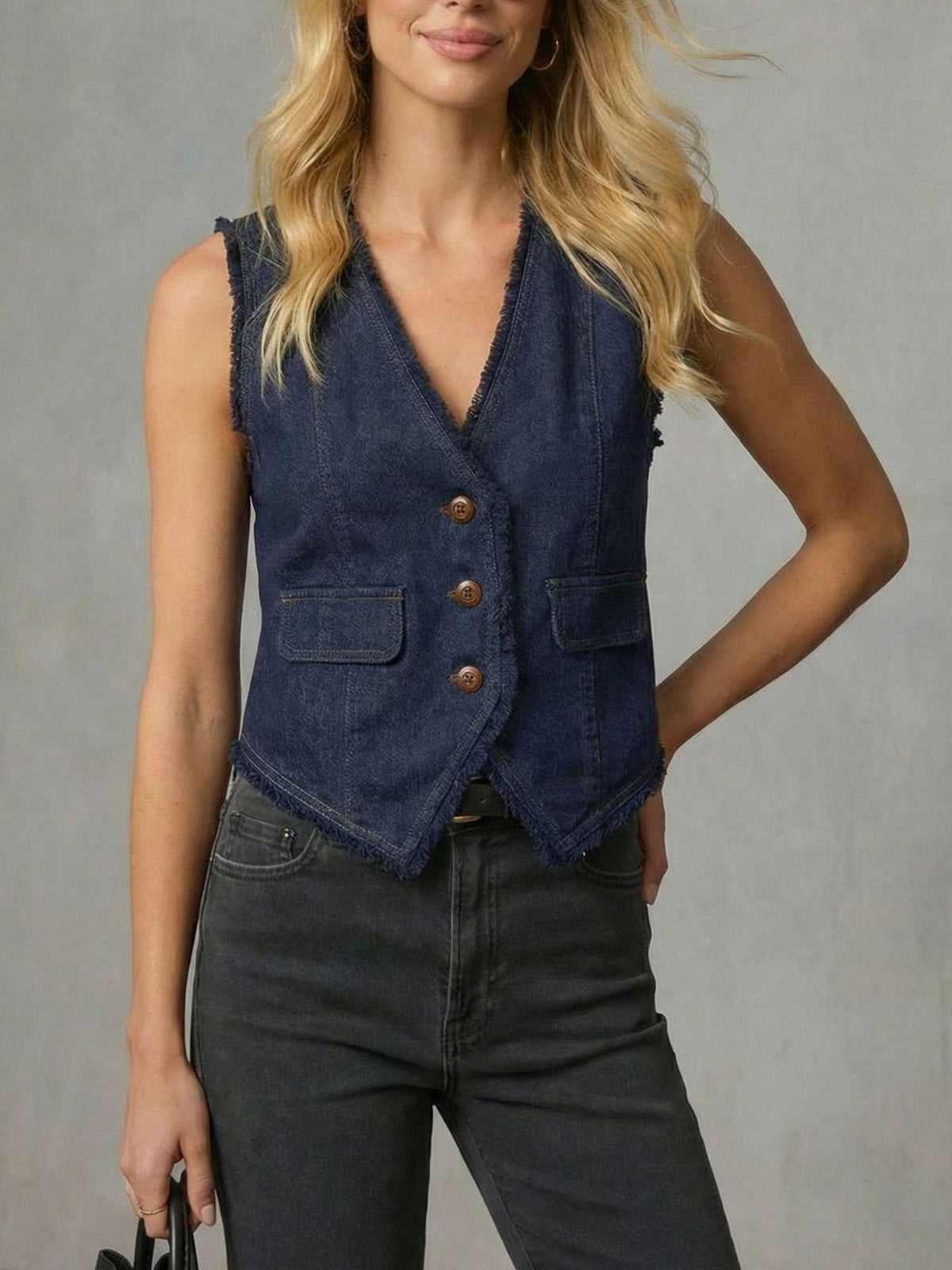 Frayed Hem Denim Vest in Dark Navy back view