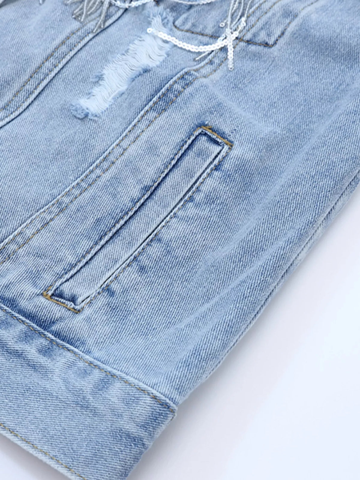 Fringed Sequin Denim Jacket in Light Blue view 10