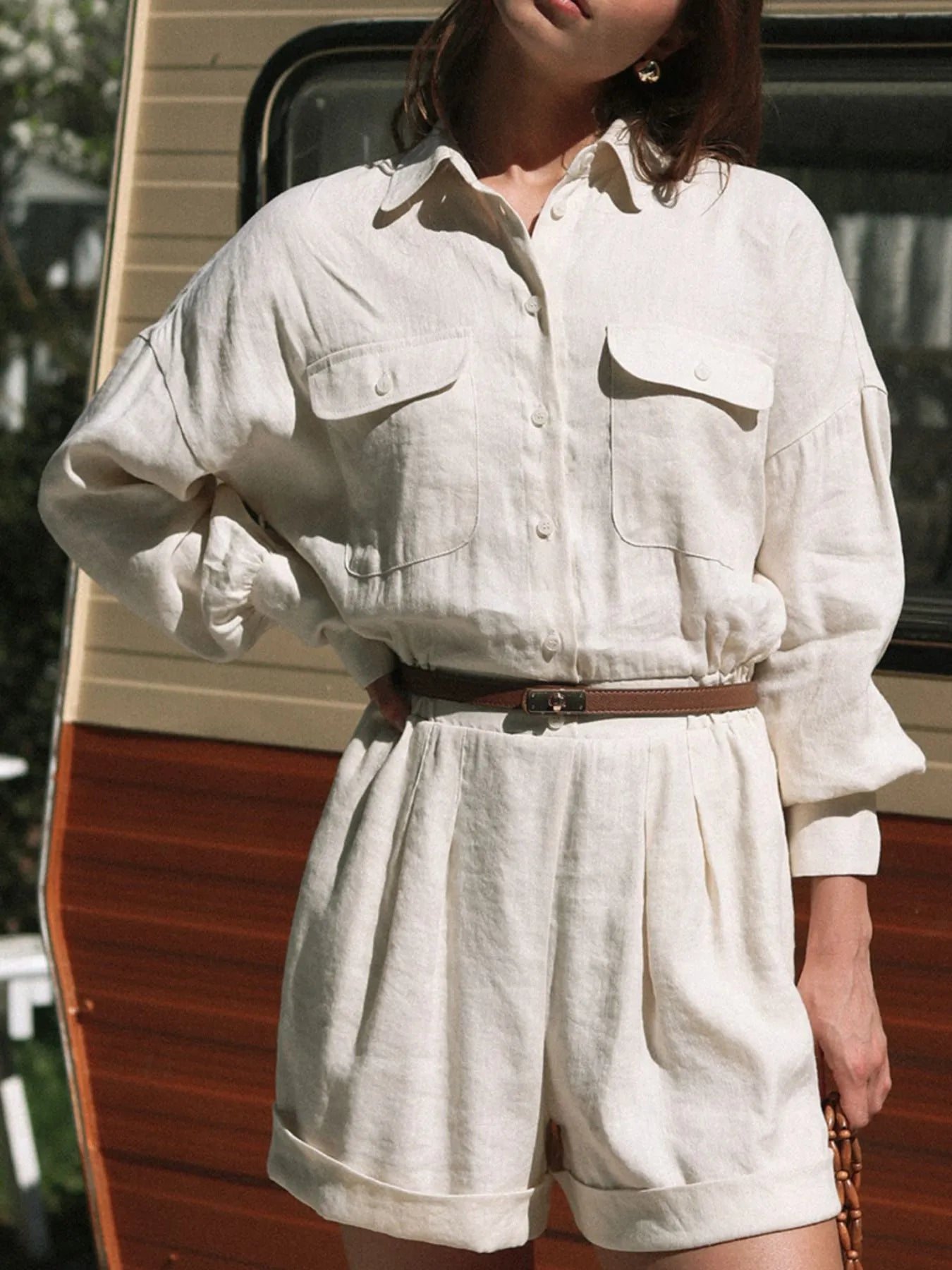 Casual Button Front Long Sleeve Romper - Fashorio